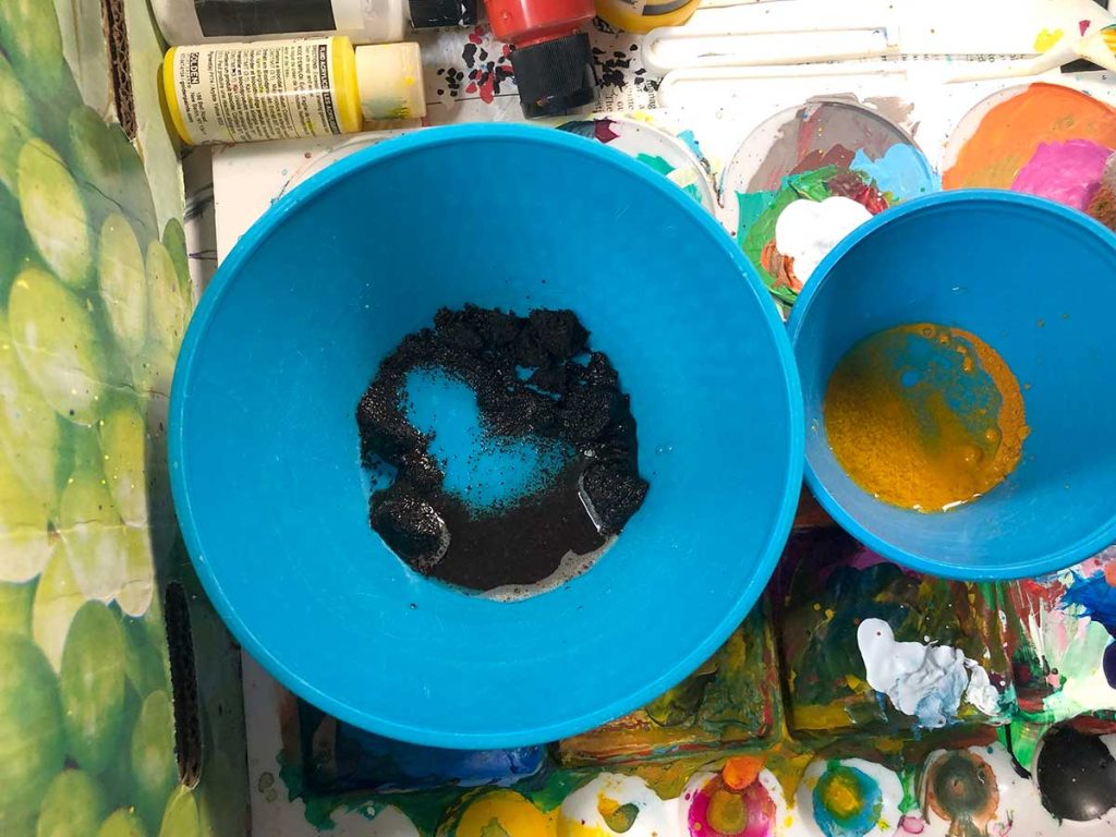 Making Earth Day eco-friendly paint - brown coffee paint, orange tumeric paint for earth-day