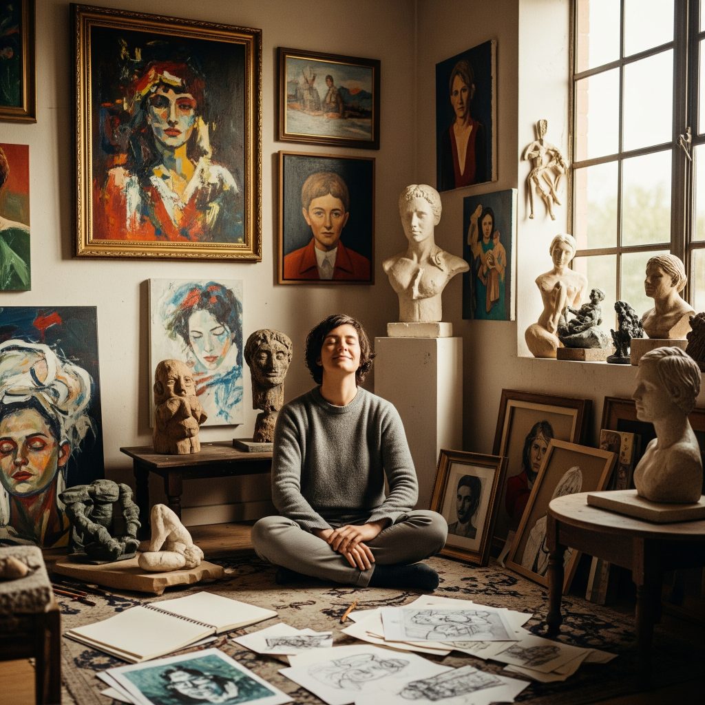 A person feeling comforted and at peace surrounded by an eclectic collection of art for mental health.